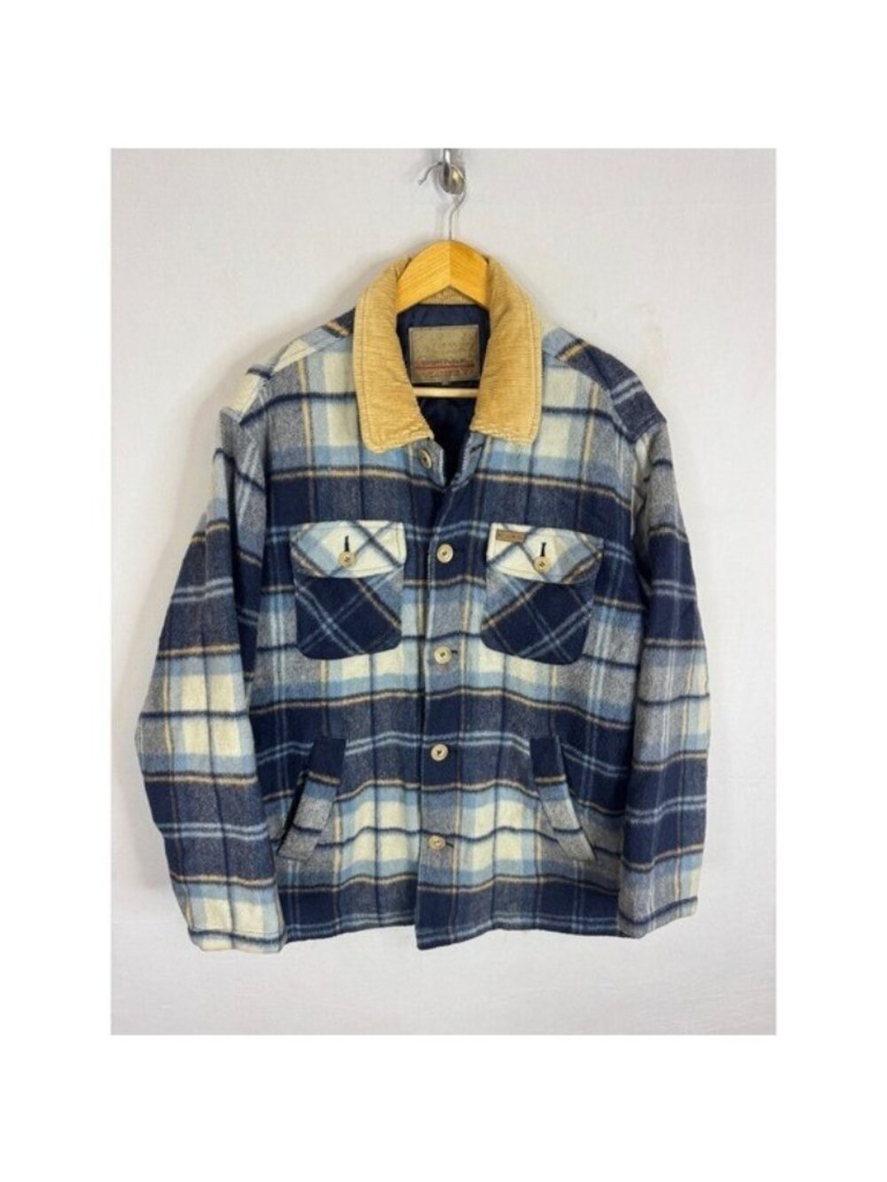 Sport Replay Plaid Flannel Shirt Jacket Blue Cream Corduroy Collar Men M